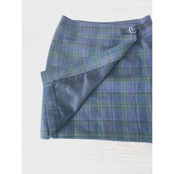 Lauren Ralph Lauren Wool Buckle Emerald Green Plaid Knee Short Wrap Skirt 8 M - Picture 2 of 5